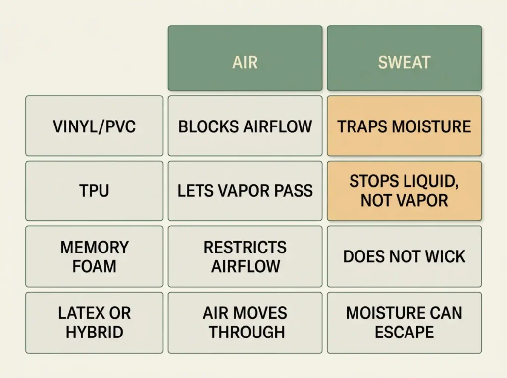 Four-row table comparing vinyl, TPU, memory foam and latex mattress layers on what each does with air and with sweat