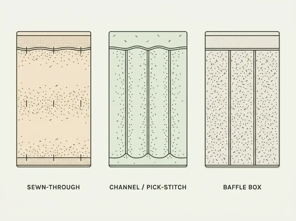 Cross-section comparison of sewn-through, channel and baffle-box quilt construction showing where the fill is compressed