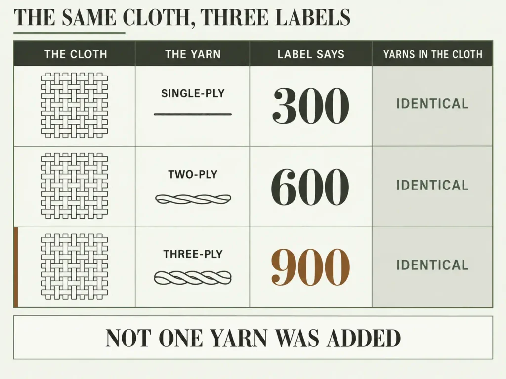 Three rows showing one identical cloth labelled 300, 600 and 900 by counting each ply of the yarn separately