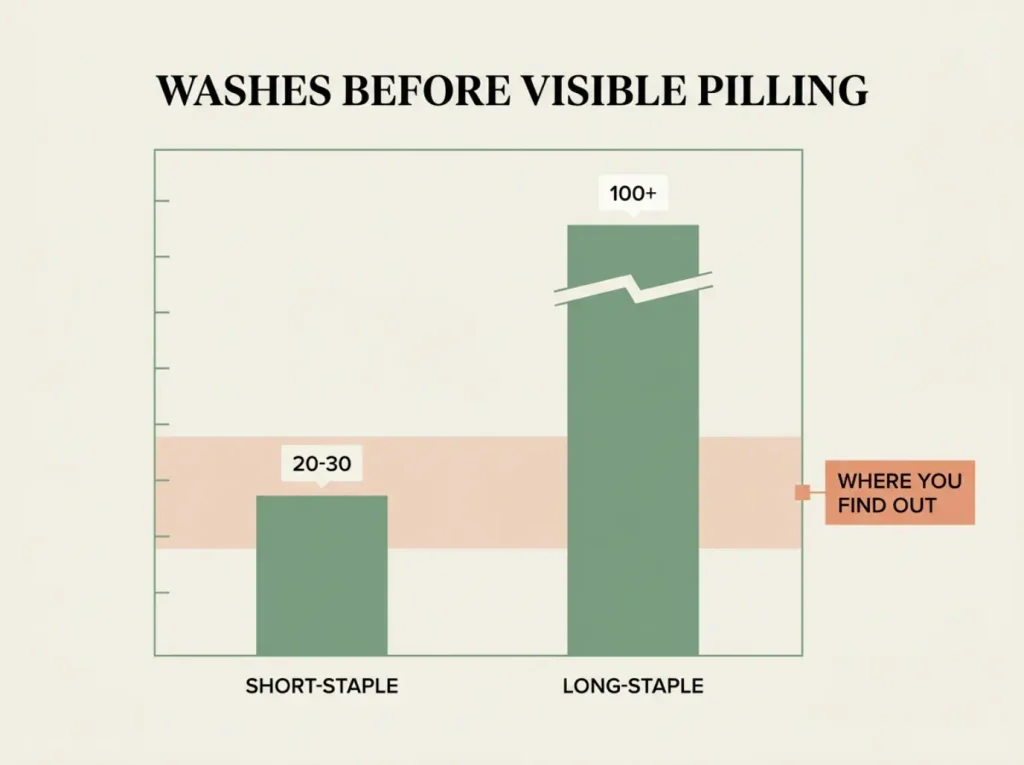 Bar chart comparing washes before pilling: short-staple cotton at 20 to 30 washes versus long-staple past 100