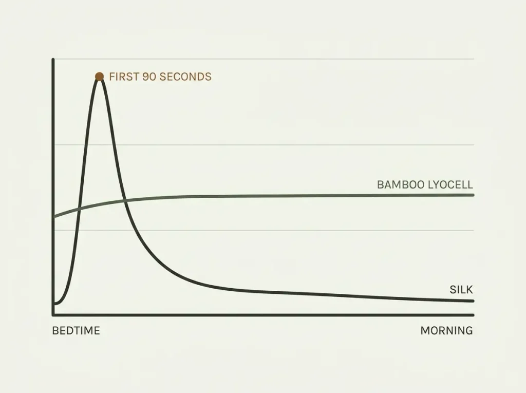 Line chart comparing silk and bamboo lyocell coolness and moisture handling from bedtime to morning