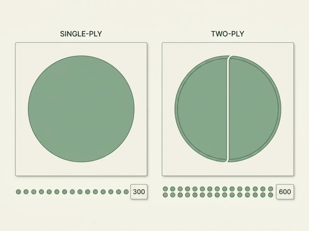 Cross-section diagram showing single-ply cotton counted as 300 threads next to the same cotton twisted two-ply and counted as 600