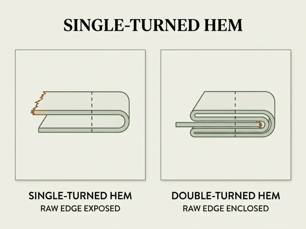 Cross-section diagram comparing a single-turned hem with an exposed raw edge to a double-turned hem with the raw edge enclosed