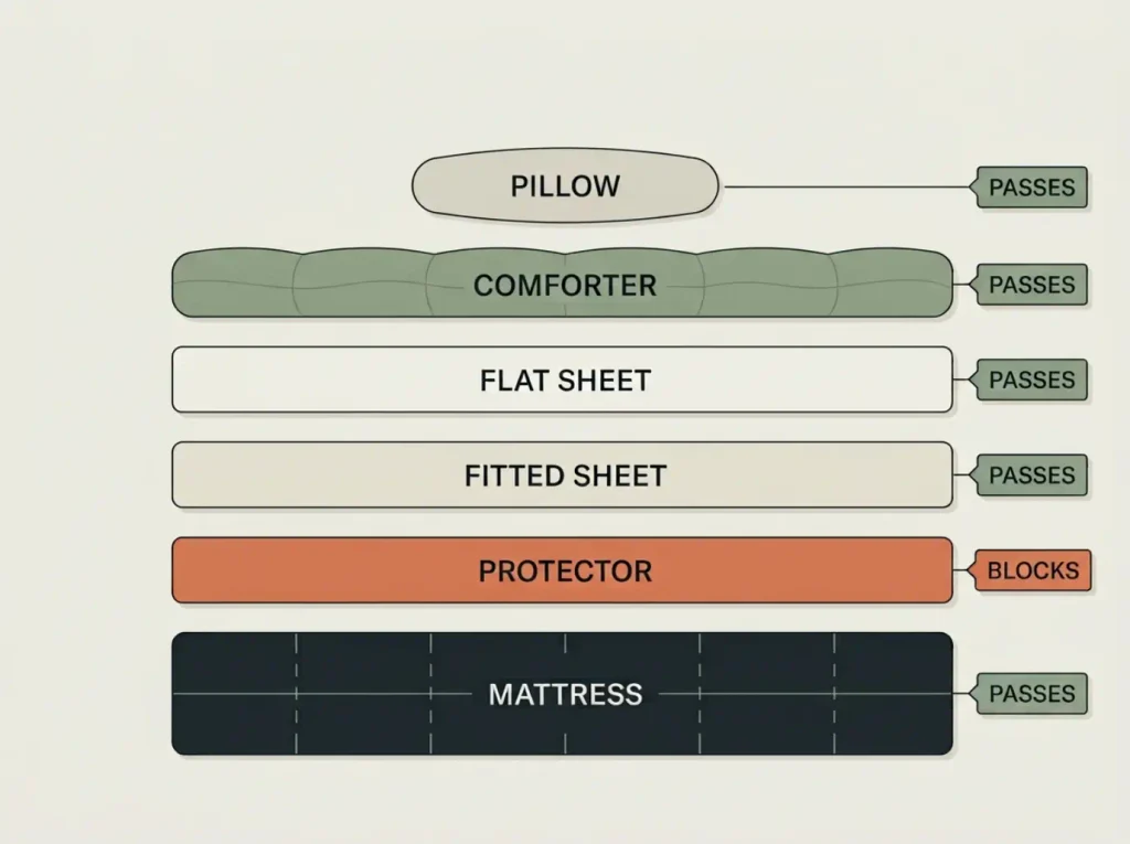 Exploded flat diagram of six bed layers from mattress to pillow, each labeled passes except the mattress protector labeled blocks