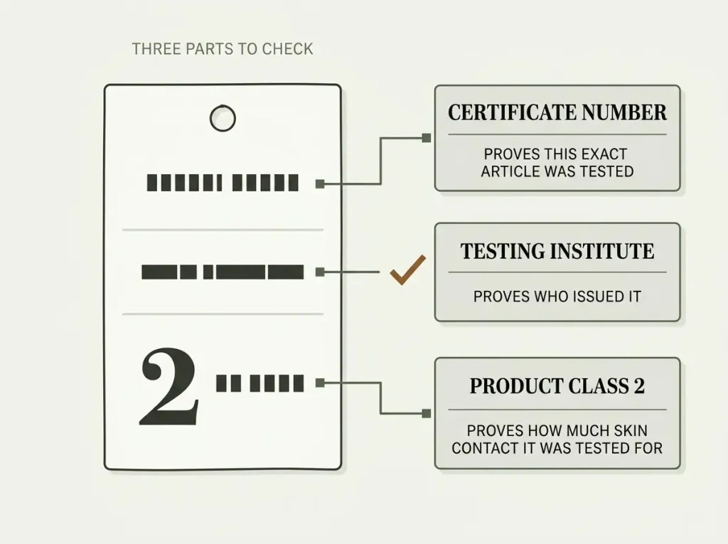 Annotated diagram of an OEKO-TEX Standard 100 hangtag showing the certificate number, testing institute and product class