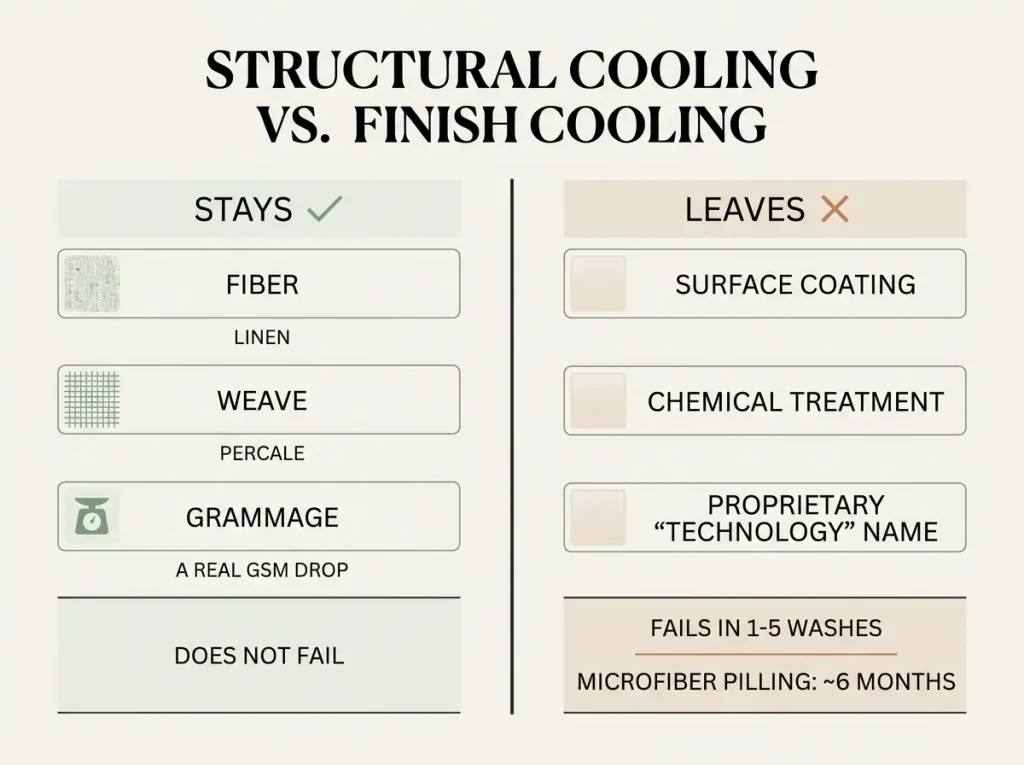 Comparison chart of structural cooling versus finish cooling, showing which lasts and which washes off