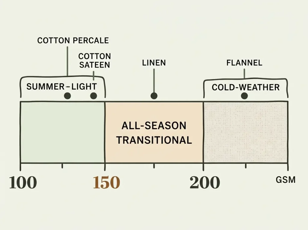 Horizontal GSM scale from summer-light to cold-weather with common bedding fabrics marked at their position