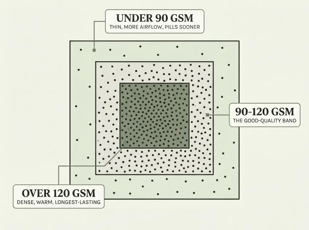Nested squares diagram showing GSM bands for synthetic sheets from thin and airy to dense and long-lasting
