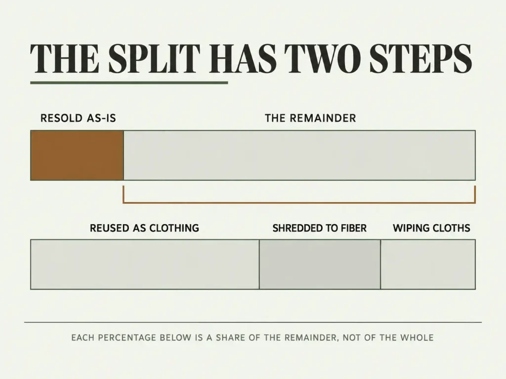 Two-tier block chart showing the destination split of recycled sheets: resold as-is versus the remainder broken into reused clothing, shredded fiber and wiping cloths
