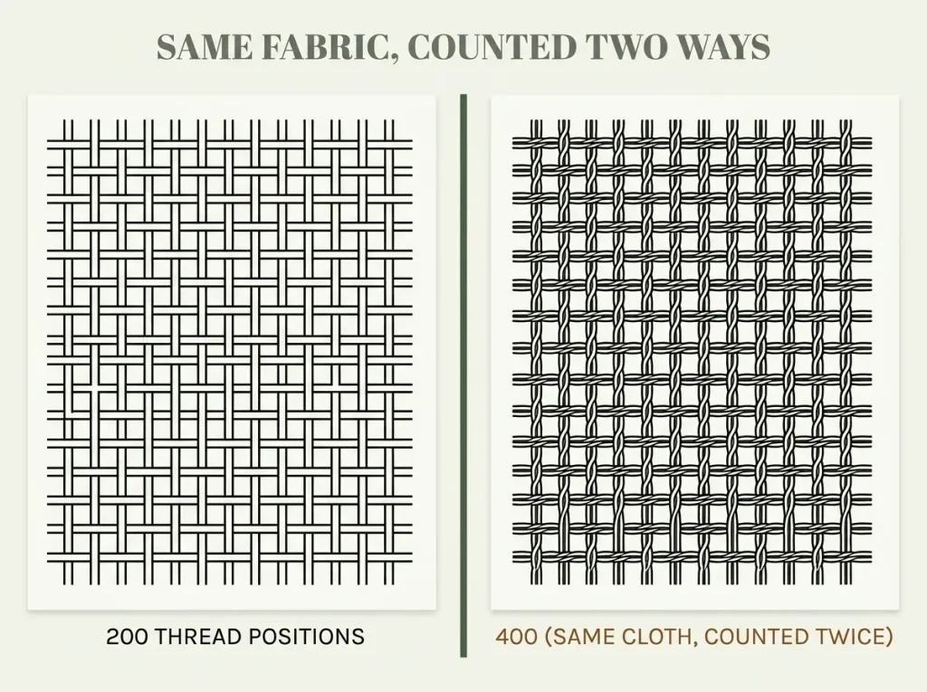 Two identical weave swatches side by side showing how the same percale fabric gets relabeled from 200 to 400 thread count