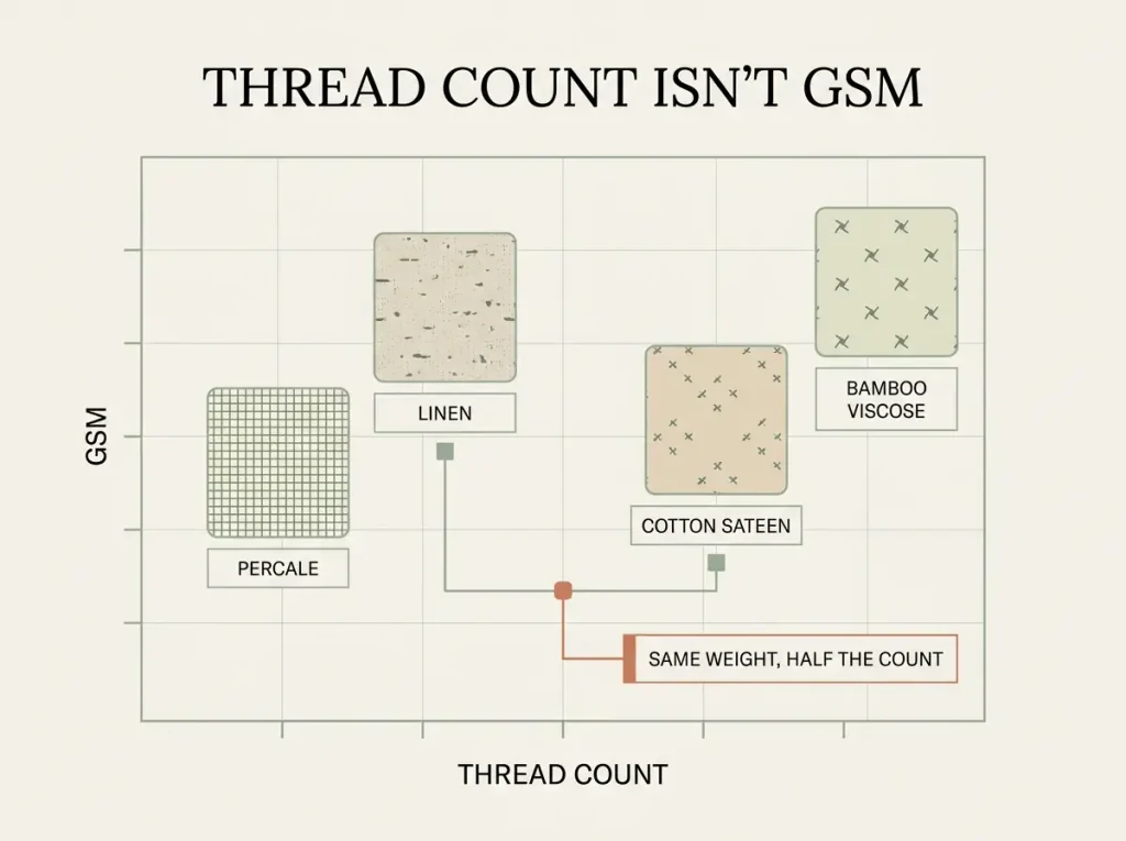 Chart plotting thread count against GSM for percale, sateen, linen and bamboo viscose, showing the two numbers move independently