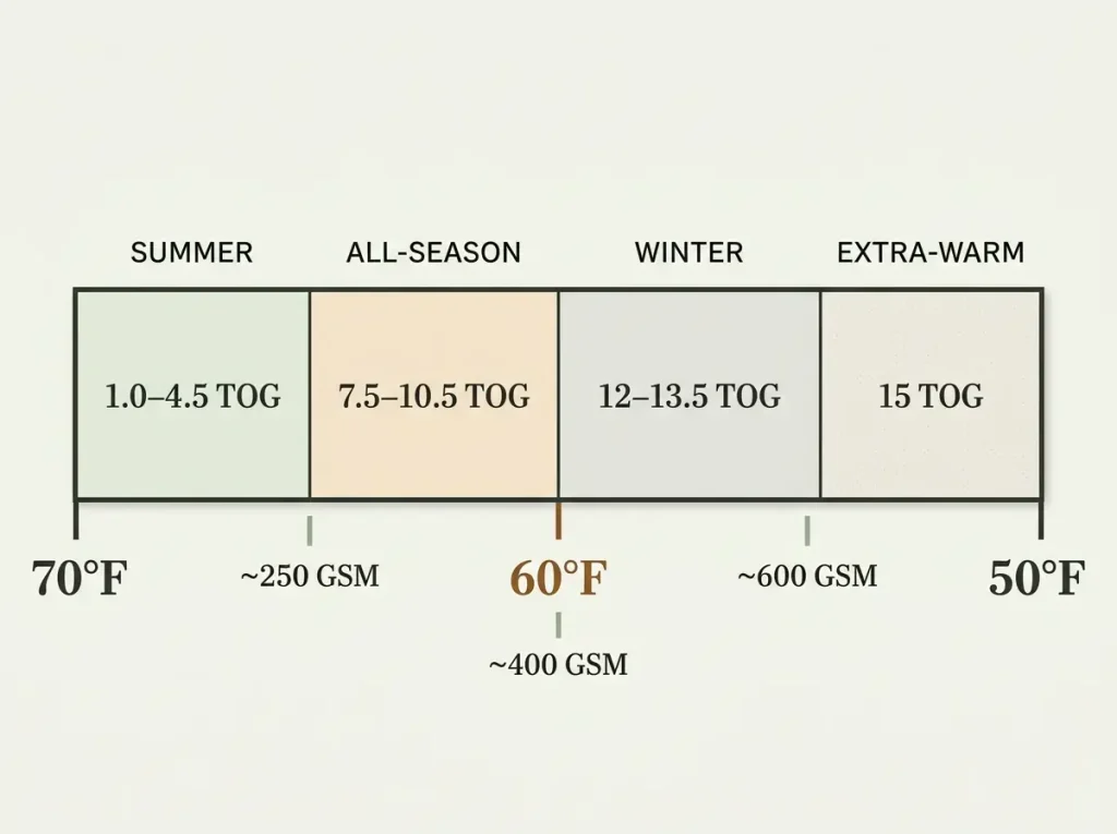 Scale mapping duvet tog ratings against a bedroom's overnight low temperature from 70 to 50 degrees, with GSM equivalents
