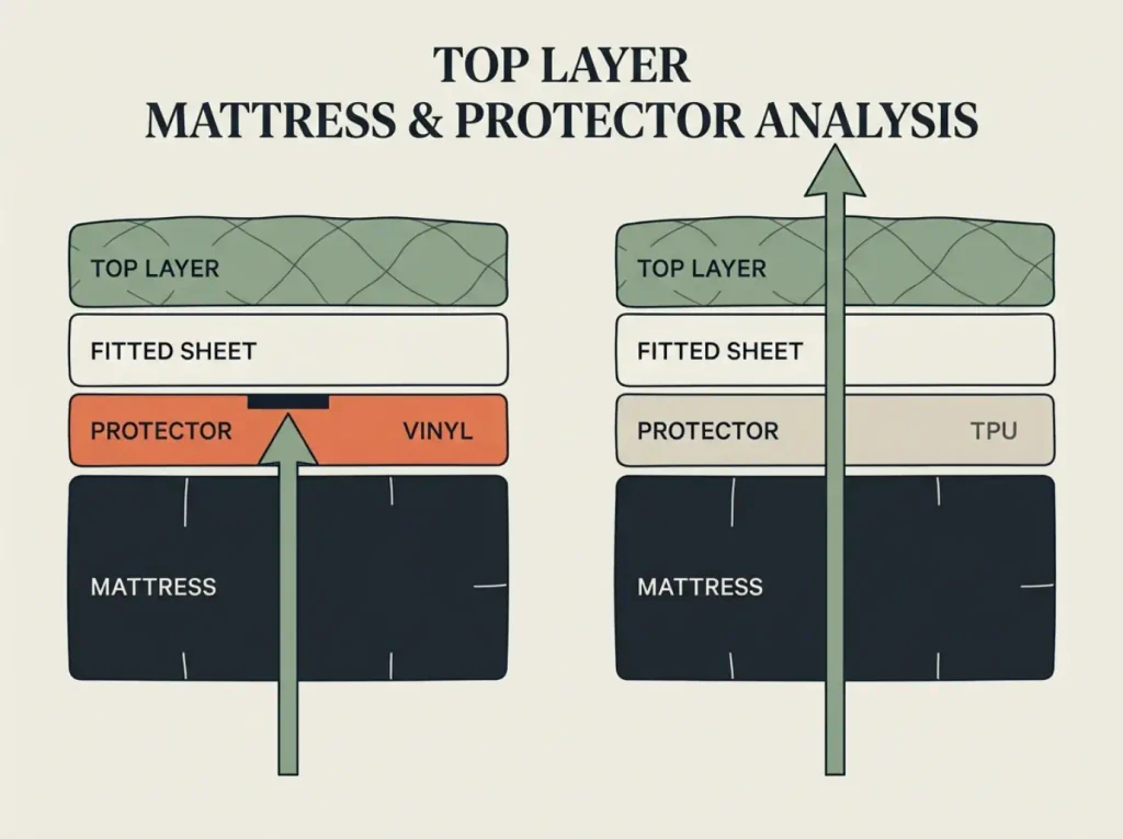 Two four-layer bed stacks side by side, one with a vapor arrow stopping at a vinyl protector and one passing through a TPU protector