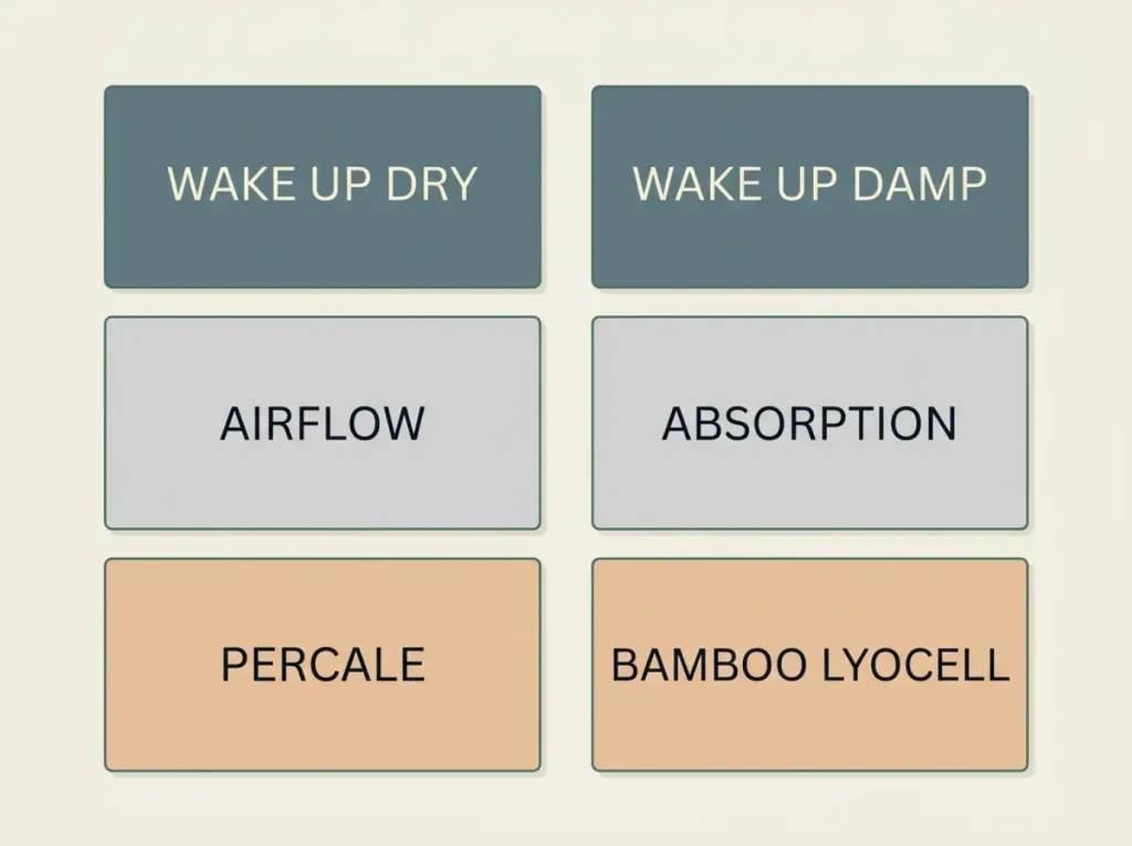 Two-column decision chart matching waking up dry to airflow and percale, waking up damp to absorption and bamboo lyocell