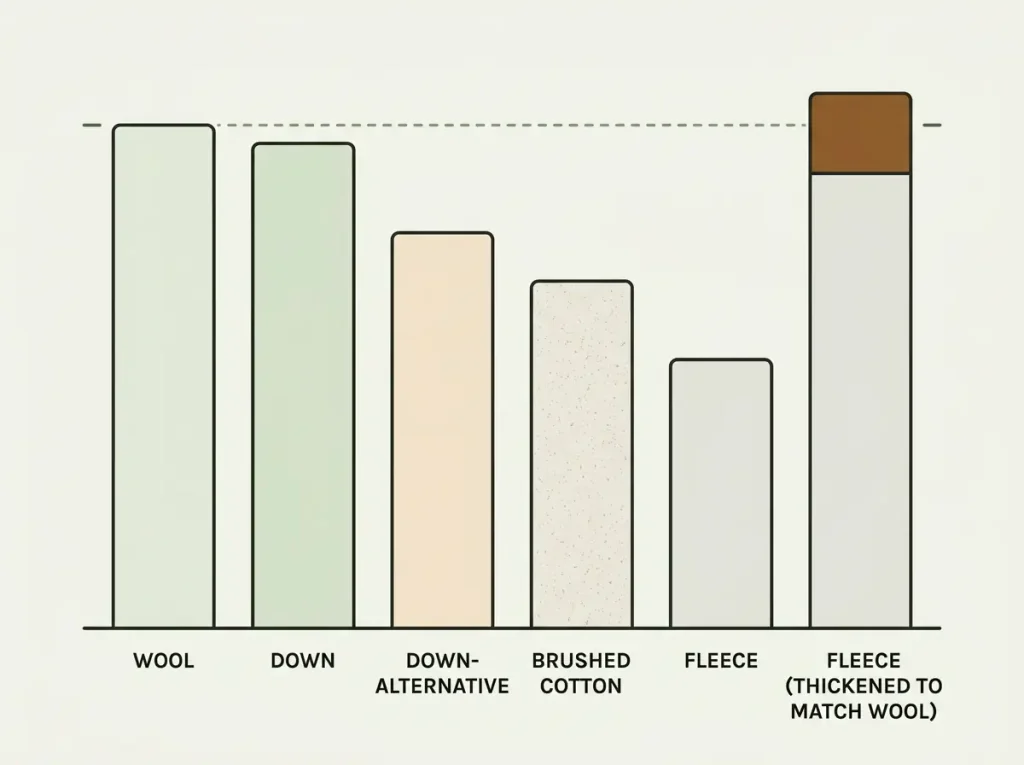 Bar chart ranking wool, down, down-alternative, brushed cotton and fleece by warmth per ounce, with fleece thickened to match wool's weight
