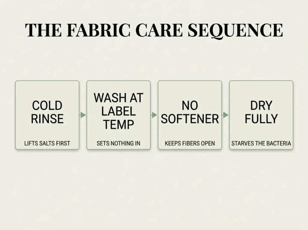 Four-step sequence strip showing the wash order: cold rinse, wash at label temperature, no softener, dry fully, each with its reason