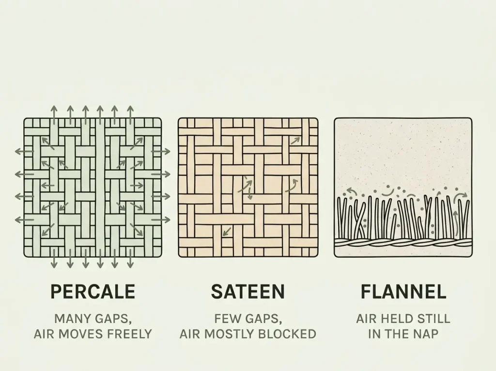 Three thread diagrams comparing percale, sateen and flannel weave structures and how much air each traps