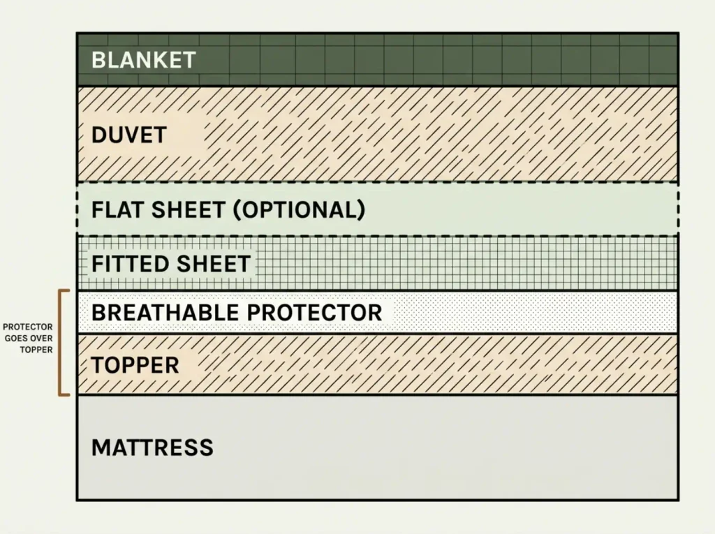 Cross-section diagram of the seven-layer winter bed stack in the correct order, from mattress to blanket