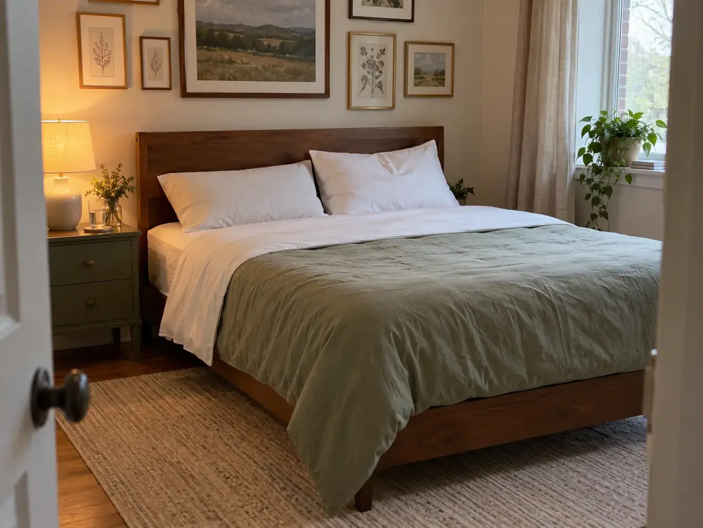 Made bed with two plain cotton-cased pillows, the right one newer and fuller, against a stained wooden headboard