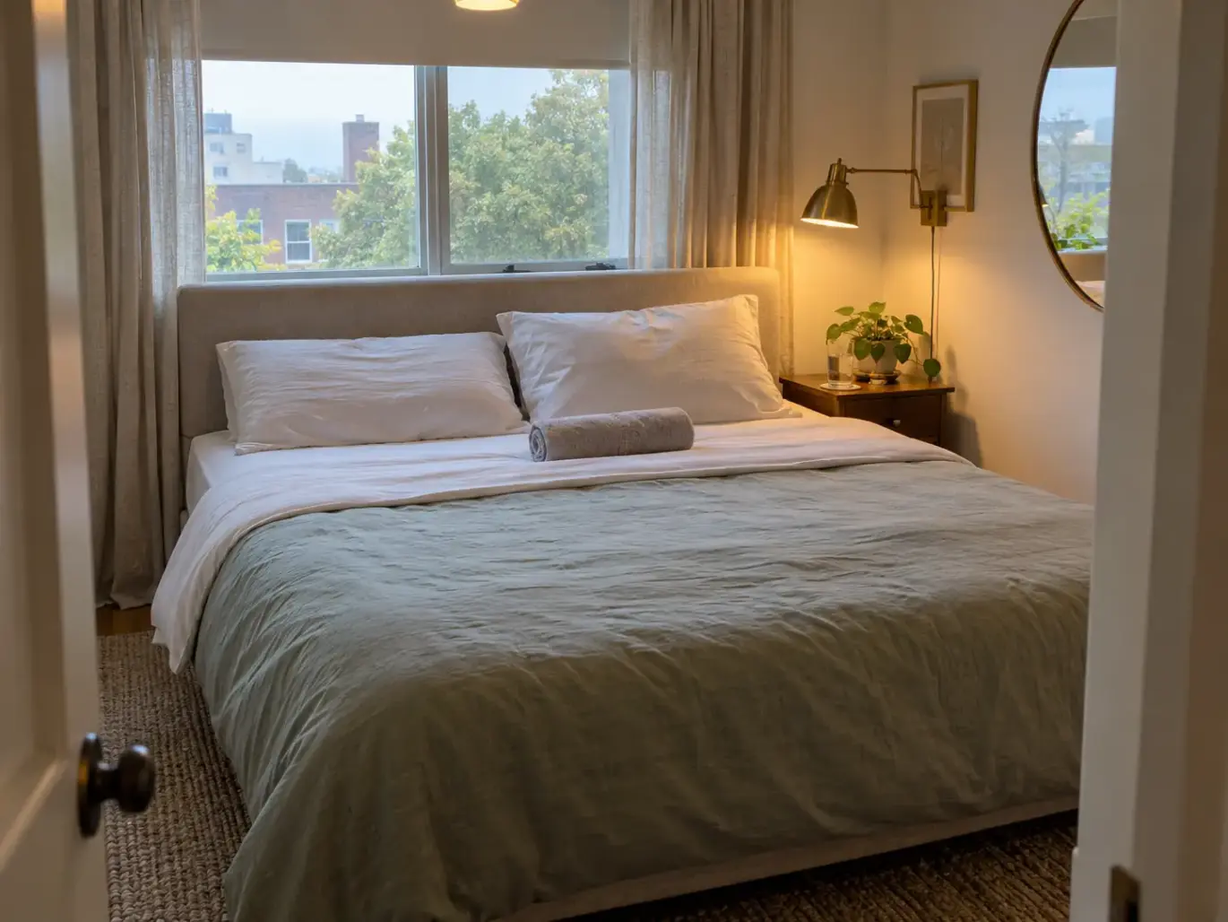 Made bed with two pillows at different heights and a rolled hand towel lying beside them on a small city bedroom bed
