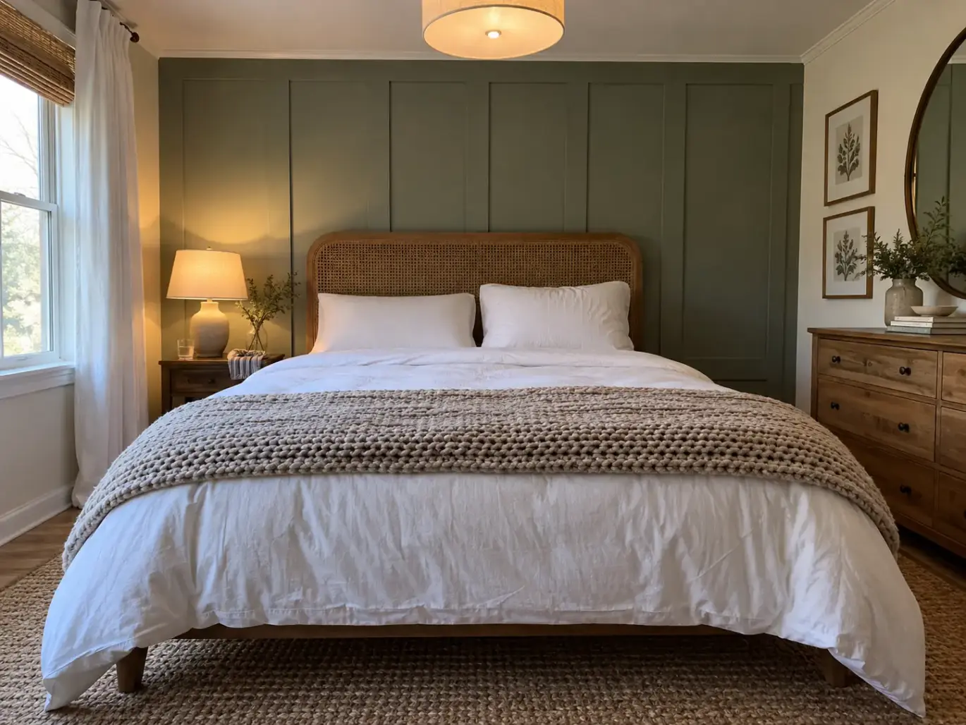 Made bed in a farmhouse bedroom with a dense foam pillow and a soft plumped pillow side by side