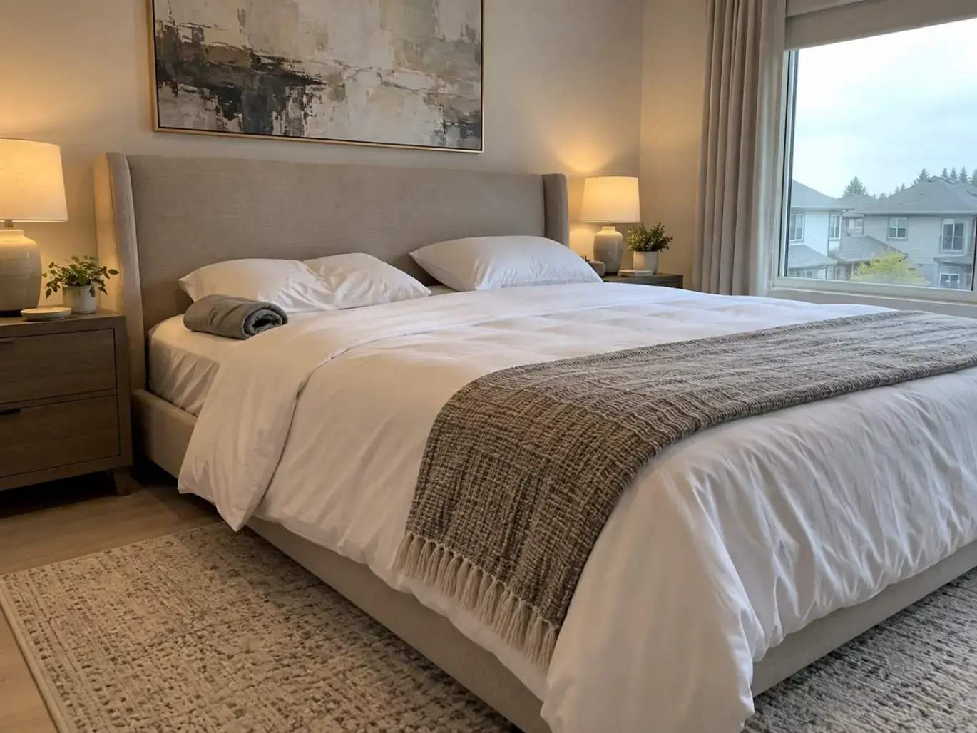 Made bed with one low pillow and a rolled sweatshirt beside it against a stone linen headboard in a bright townhouse bedroom