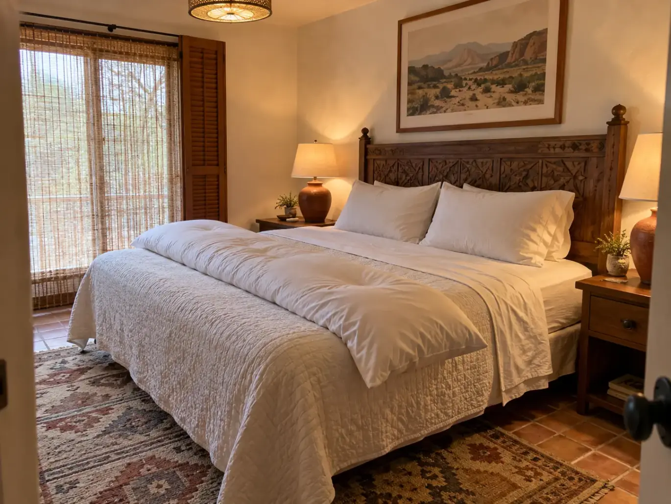 Made queen bed in a Southwestern bedroom with a long body pillow lying lengthwise along the near side beside two head pillows