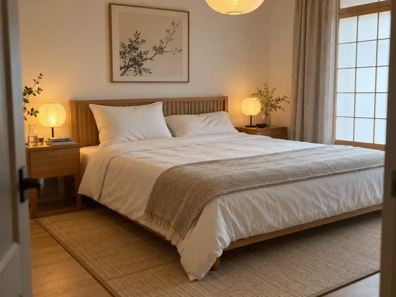 Made bed in a Japandi bedroom with two pillows at different heights, one standing tall and one low, on a morning