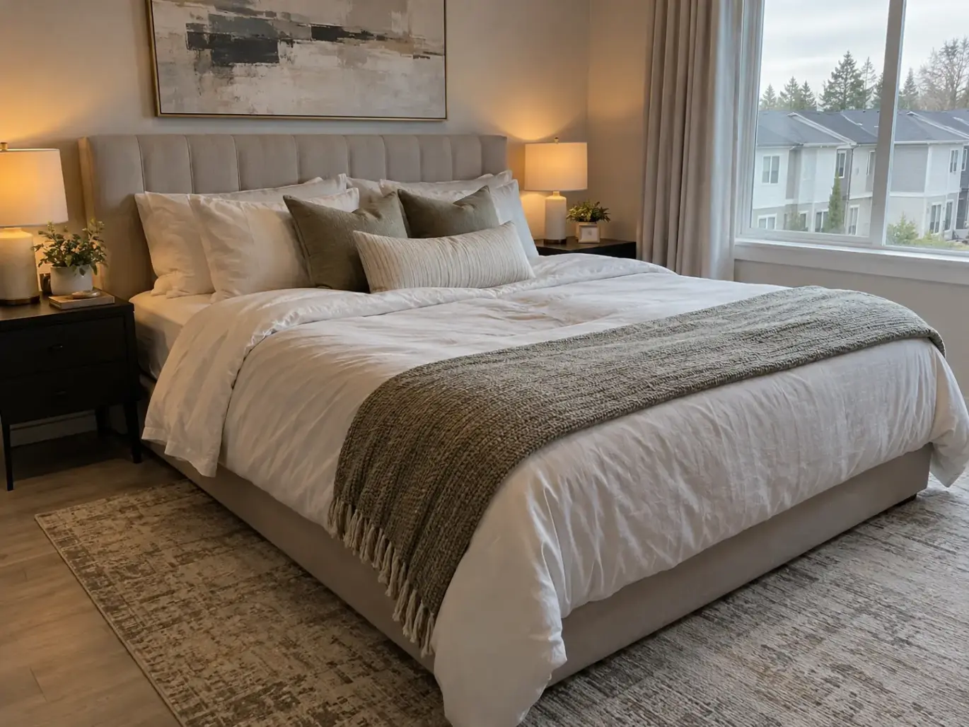 A made queen bed with a thick topper under the sheet and a soft shallow dip in the middle of the duvet, in morning light