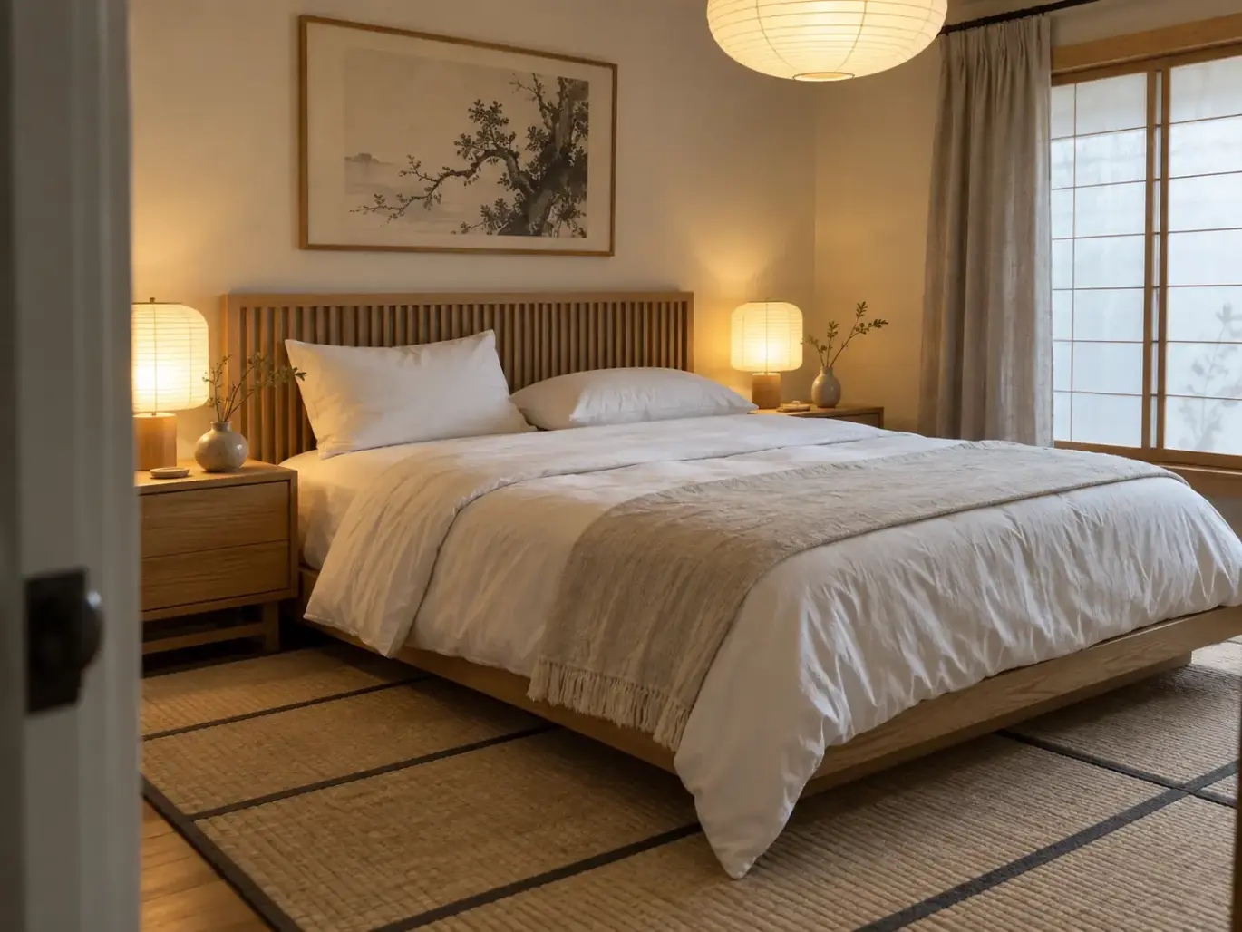 Made bed in a Japandi bedroom with a mid-height pillow and a flatter pillow stacked against a low slatted oak headboard