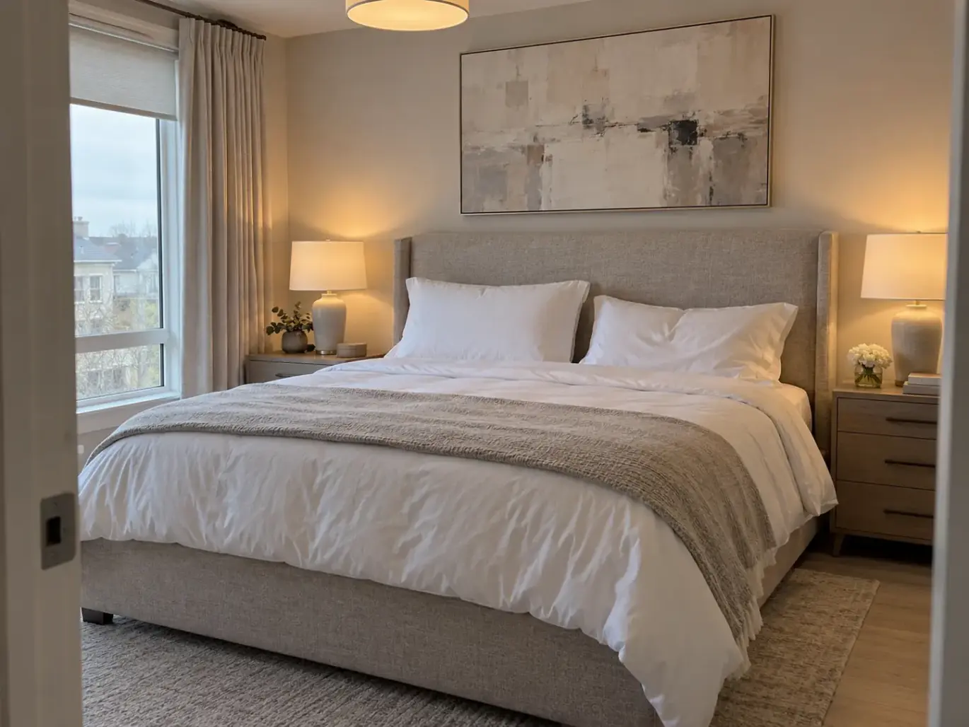 Made bed in a townhouse bedroom with two pillows at different heights against an upholstered headboard