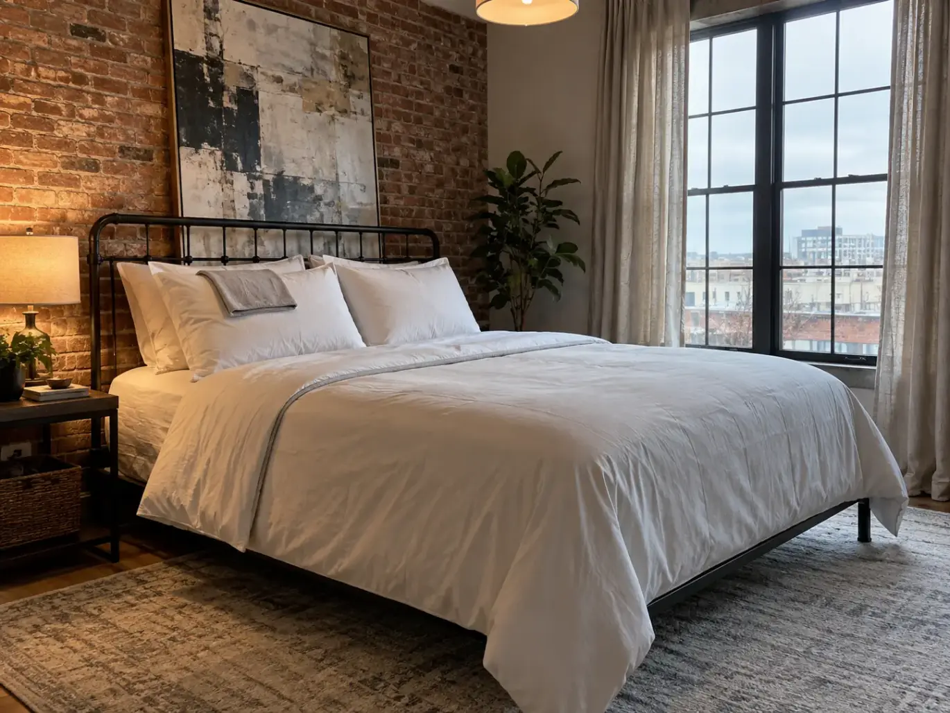 Made bed with two plumped pillows and a spare folded pillowcase laid over the near one in a loft bedroom