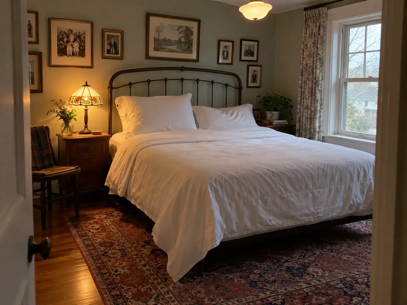 Made bed in a 1920s bungalow bedroom with one tall rounded pillow and one lower pillow with a soft flat center