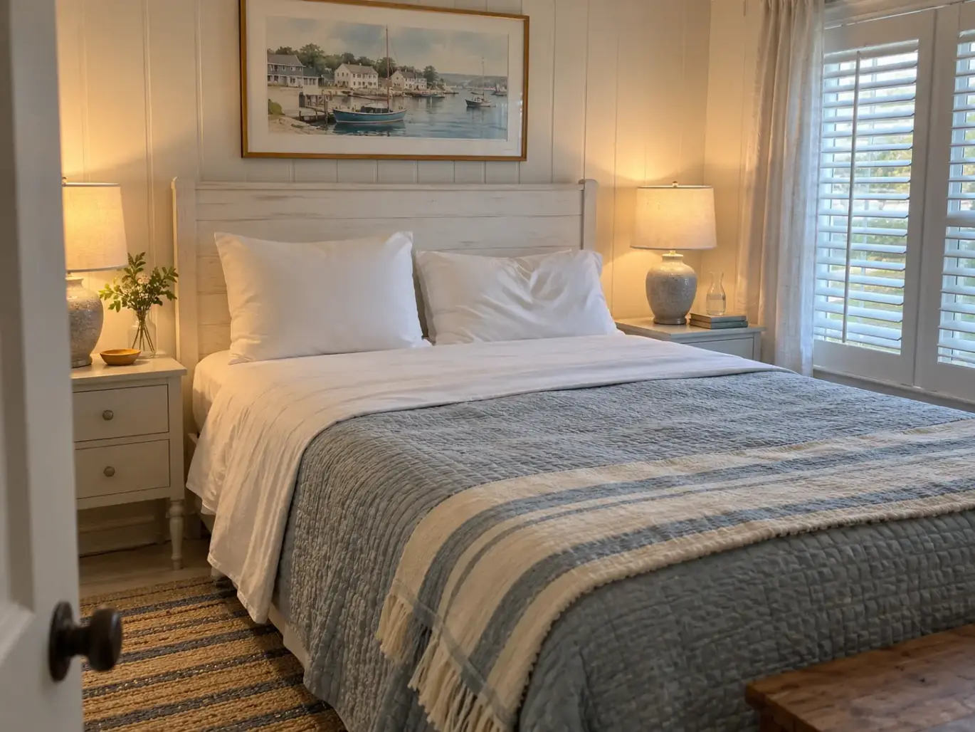 Made bed in a coastal cottage bedroom with two pillows standing against a whitewashed headboard, one with a soft dent