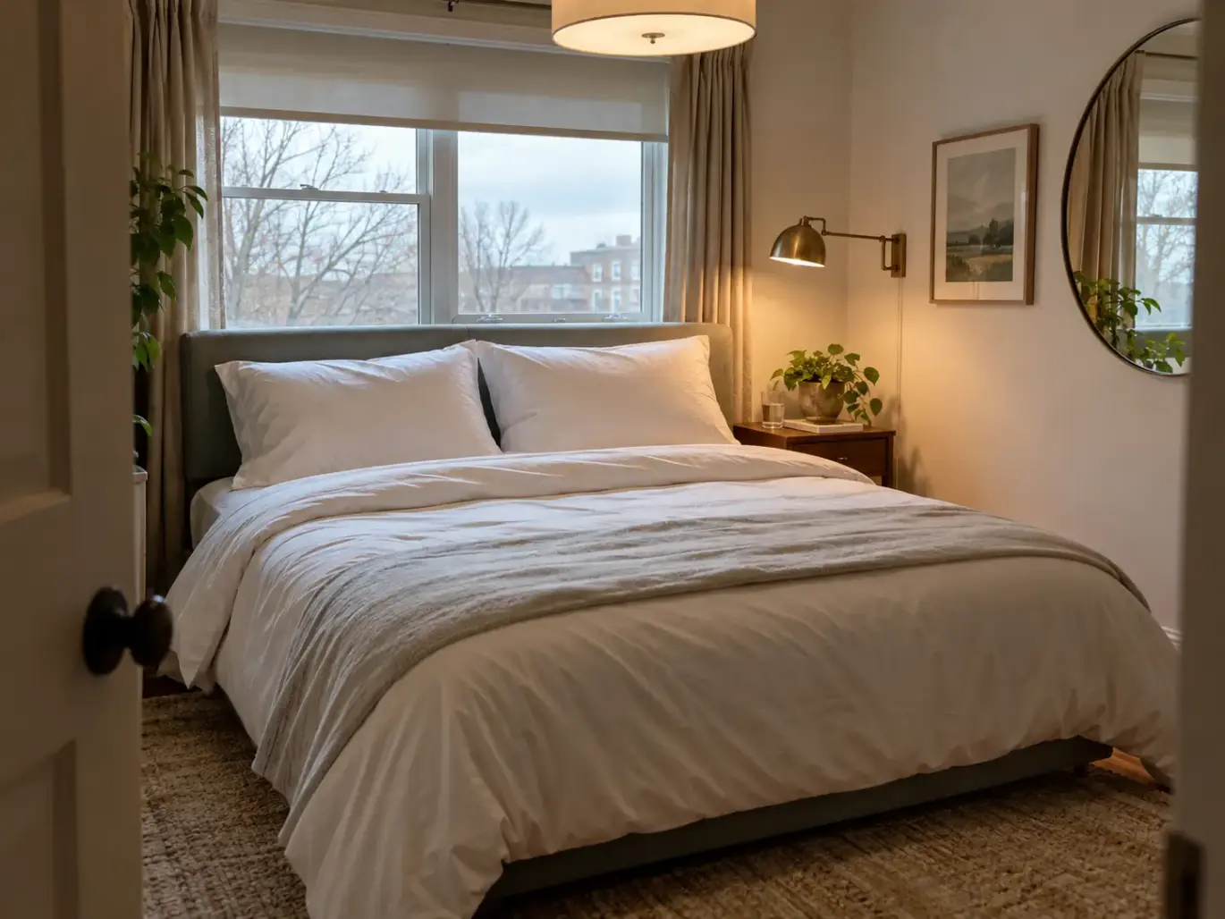 Made bed in a small city bedroom with two pillows in white cases standing full against the headboard