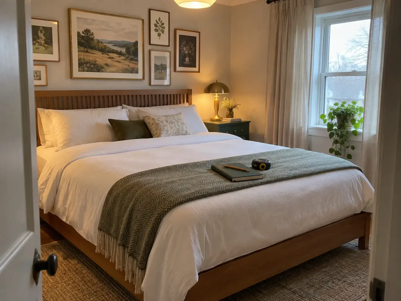 A neatly made queen bed with a notebook and a closed tape measure on the folded throw at its foot