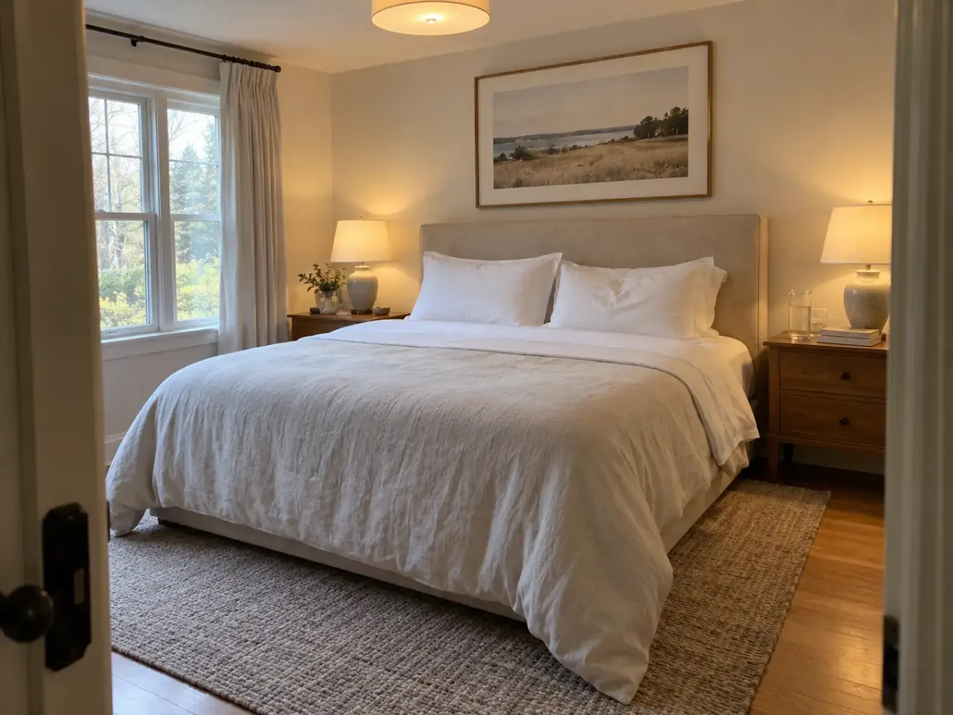 Made bed in a warm modern bedroom with two pillows in fresh cotton cases standing against an oatmeal linen headboard