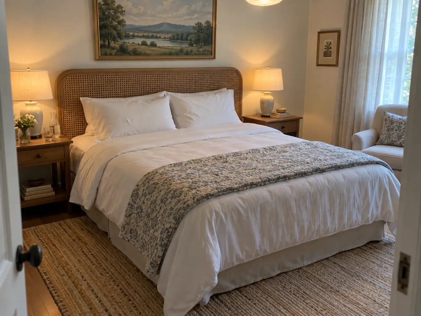 Made queen bed in a guest room with a cane headboard, a dented pillow and a folded quilt across the foot