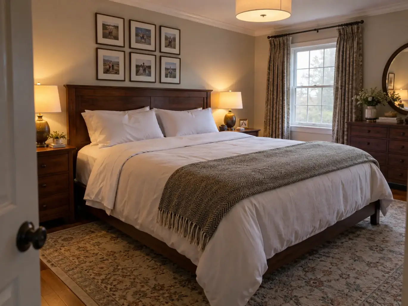 Made queen bed in a classic bedroom, a thick layer under the fitted sheet at the near corner, two lamps lit