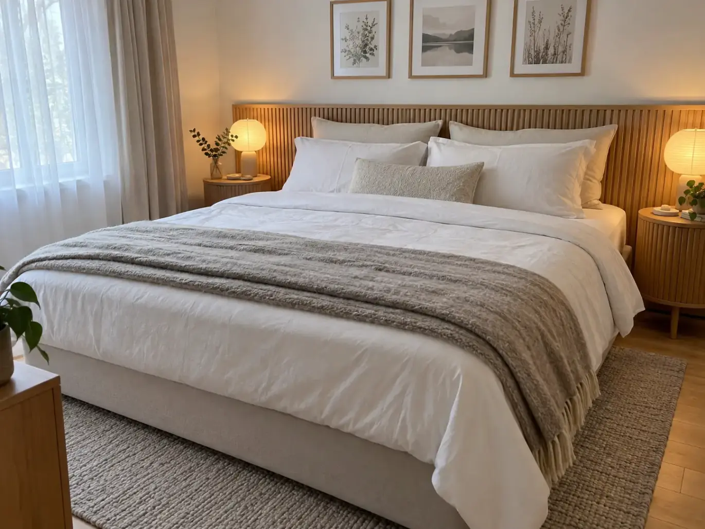 A made queen bed in a bright Scandinavian bedroom with a thick soft layer under the sheet and a folded wool throw at the foot