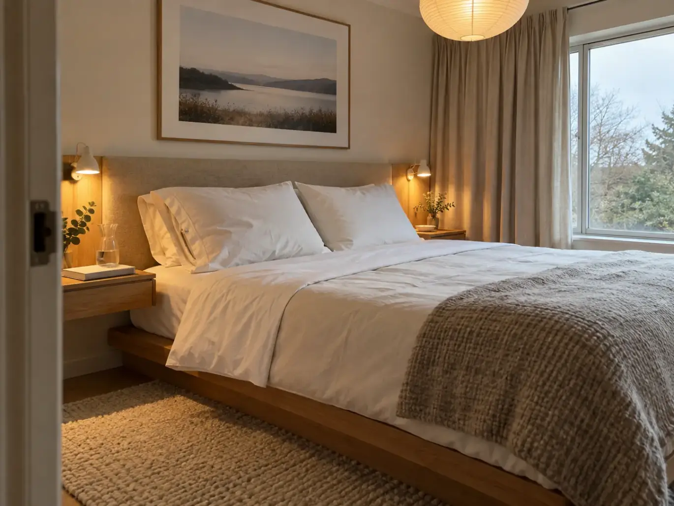 A made queen bed in a warm minimalist bedroom, the near pillowcase turned back to show the protector zipper beneath