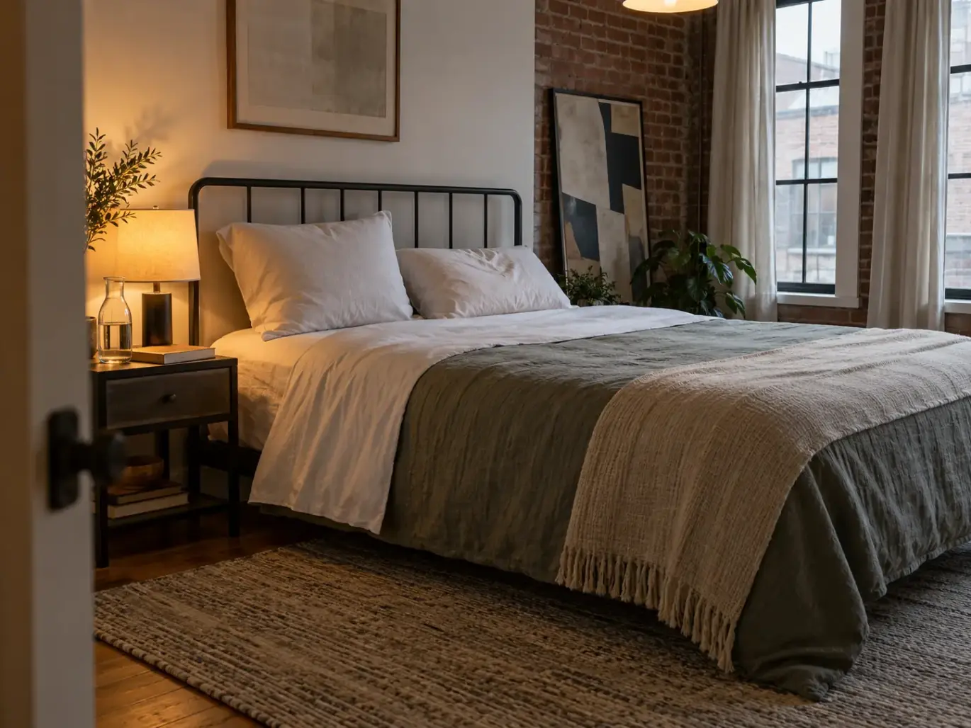Made bed in a warehouse loft bedroom with one tall plump pillow and one lower pillow, seen from the doorway in morning light