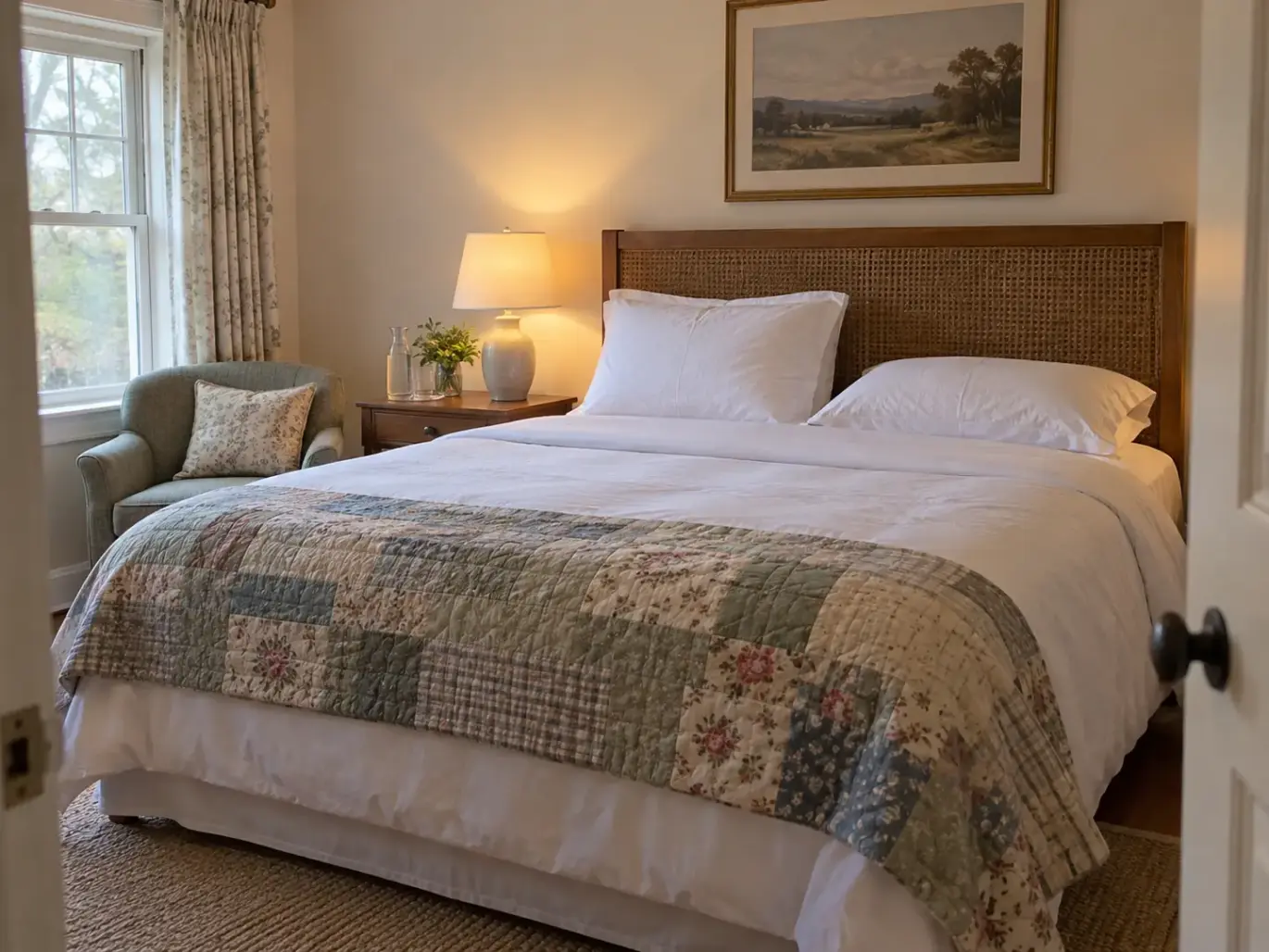 Guest bedroom bed made with two pillows of different heights side by side, quilt folded across the foot