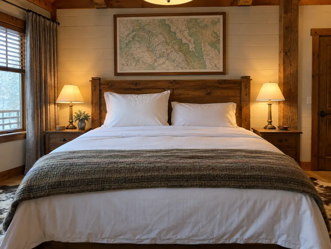 Made bed in a mountain cabin bedroom with one tall pillow standing higher than the ordinary pillow beside it