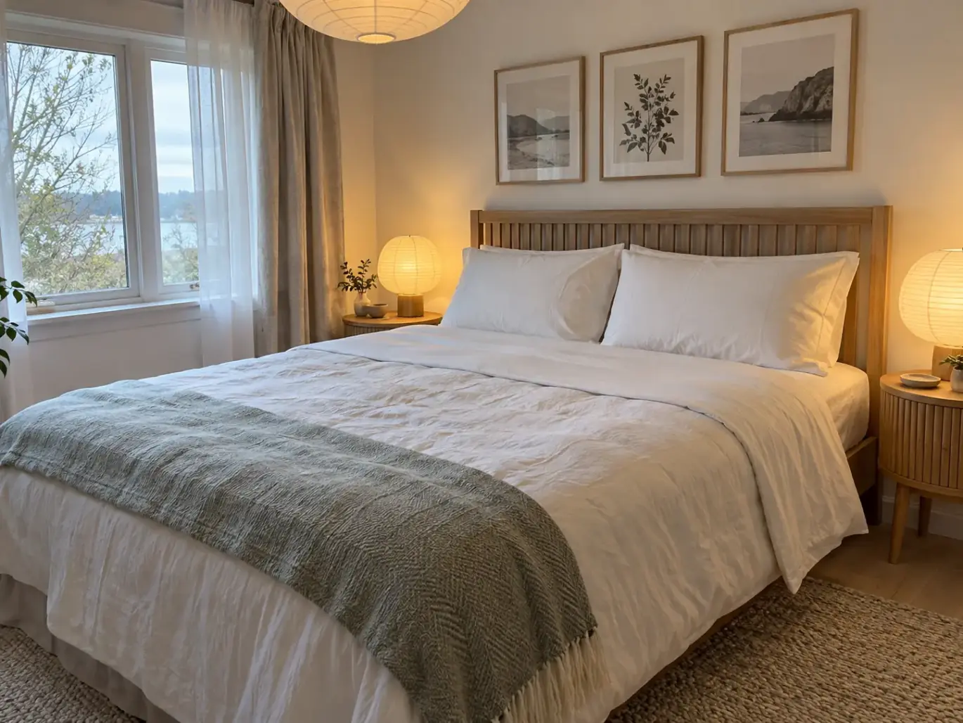 Made queen bed with two pillows in cases that fit neatly, corners filled and end seams straight, in a bright bedroom