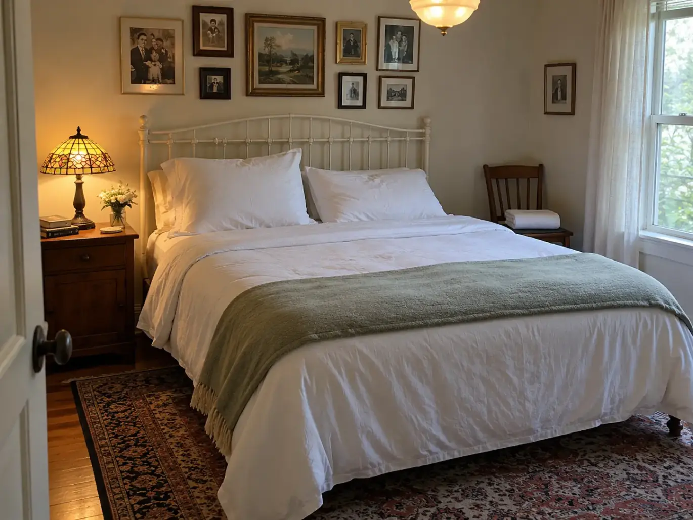Made bed in a 1920s bungalow bedroom with two pillows and a folded white towel on the nightstand beside a lit lamp