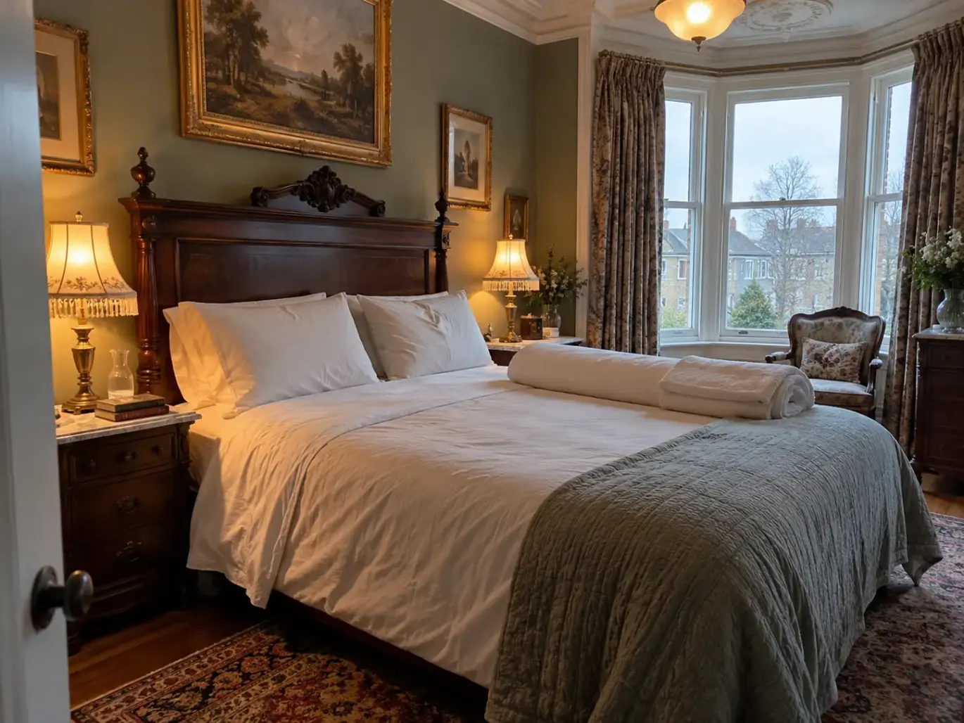 Made Victorian bedroom bed with a long pillow along one side and a folded towel beside two ordinary pillows