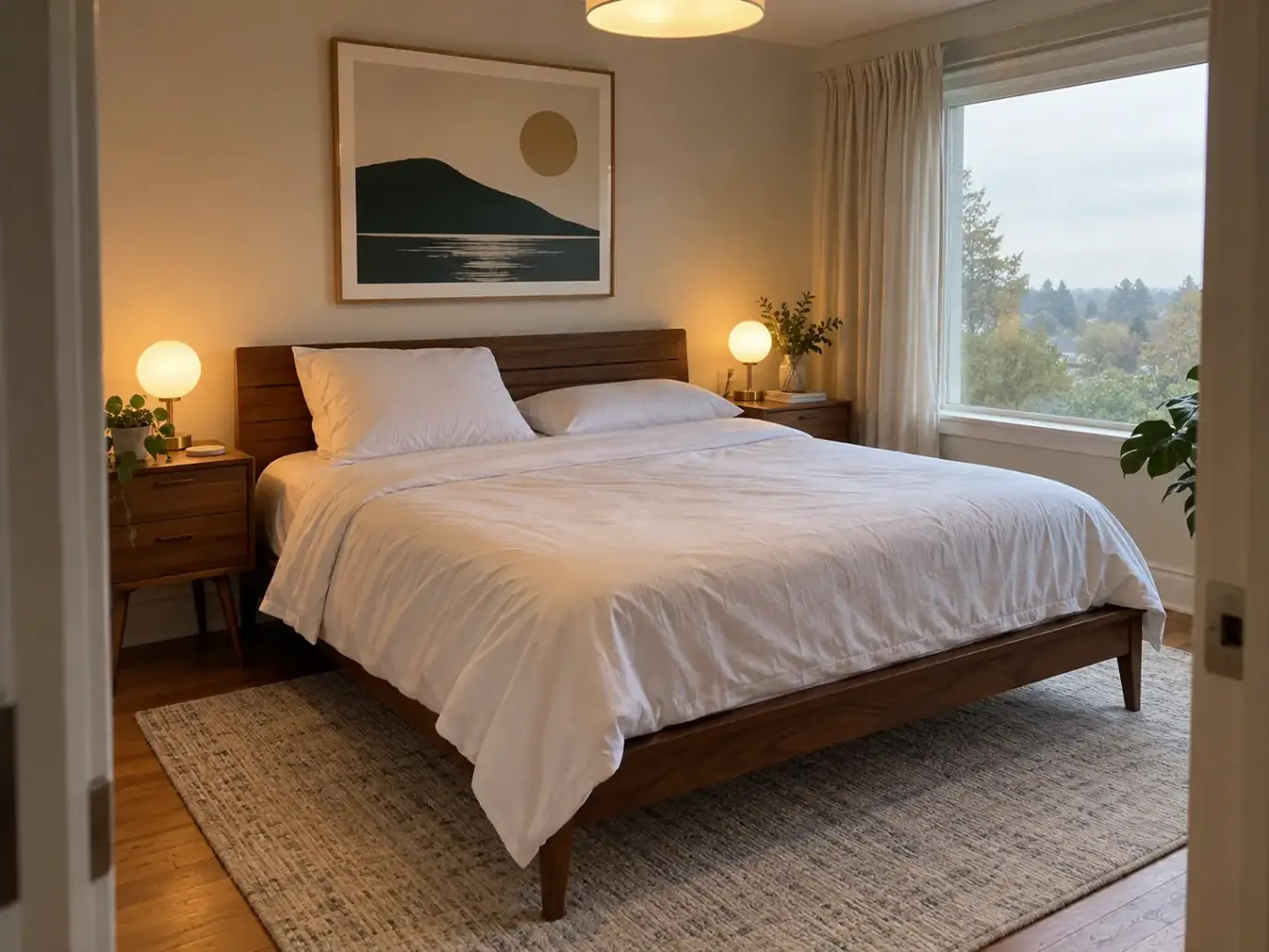 Made bed in a mid-century bedroom with one tall rounded pillow and one slim flat pillow side by side