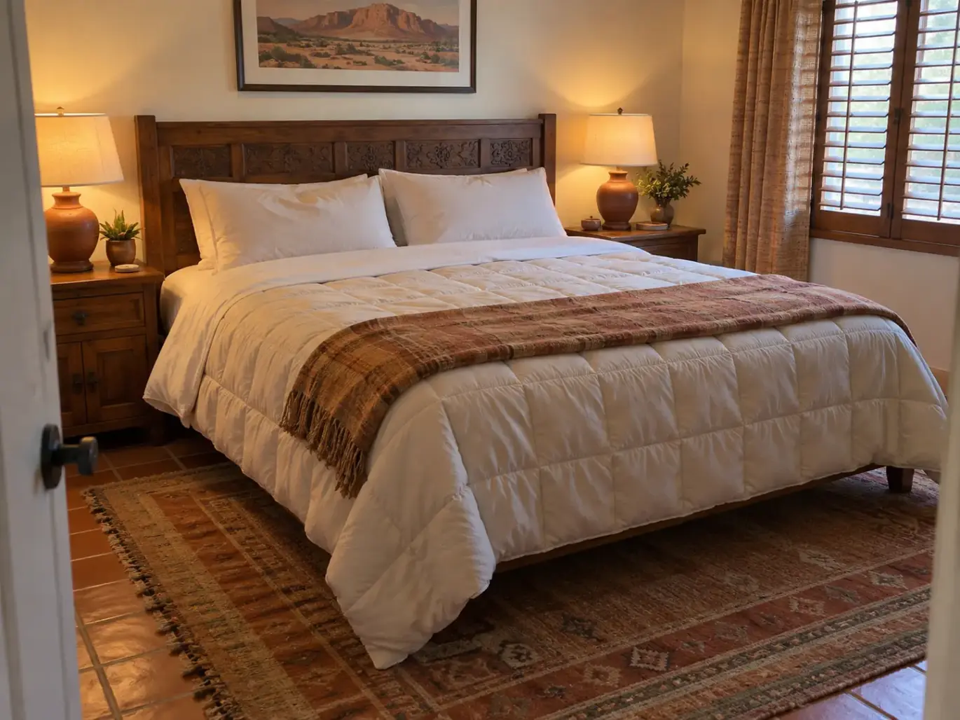 Made queen bed in a Southwestern bedroom with a thick quilted comforter, a dented pillow and a folded wool throw