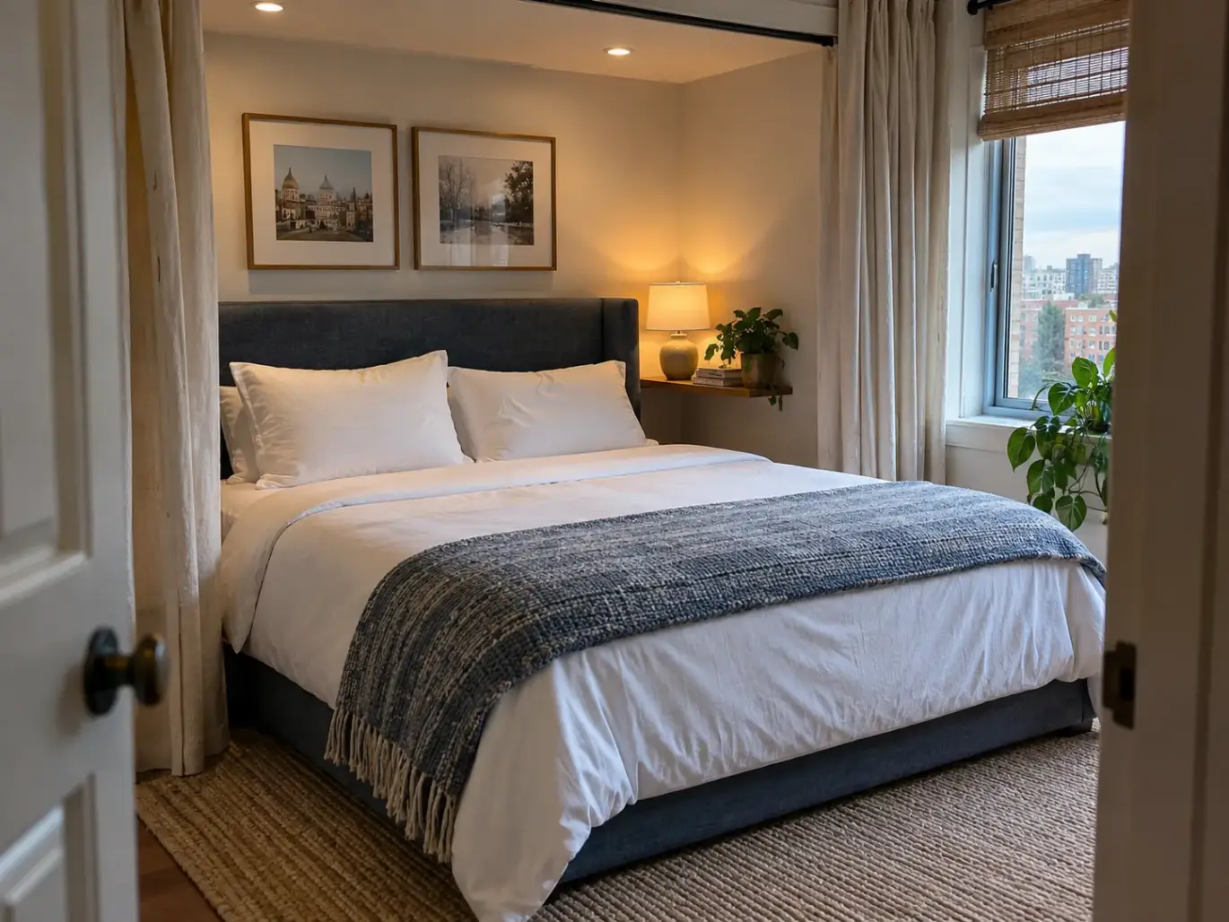 Made bed in a studio alcove with two freshly washed pillows, one plump and one lower, against the headboard